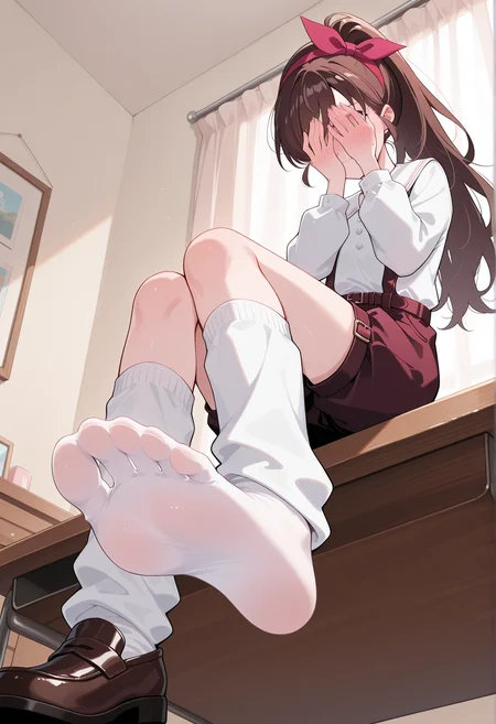 <lora:ruirui_ill_v1.0:1>,ruirui,brown hair,long hair,ponytail,long hair,
hair bow,white shirt,suspender shorts,loose socks,single shoe,loafers,
1girl,solo,
sitting on table,foot focus,from below,covering face,
indoors,bedroom,
embarrassed,, textless version,