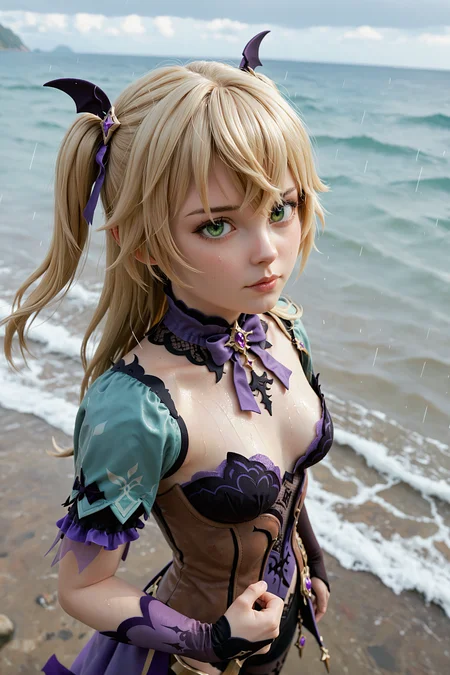 t34l_w1tch, score_9, score_8_up, score_7_up, 1girl, solo, fischl_(genshin_impact), genshin_impact, blonde_hair, green_eyes, from above, crossed ankles, ocean, rainy, 3d, <lora:tr1s5:1.0>