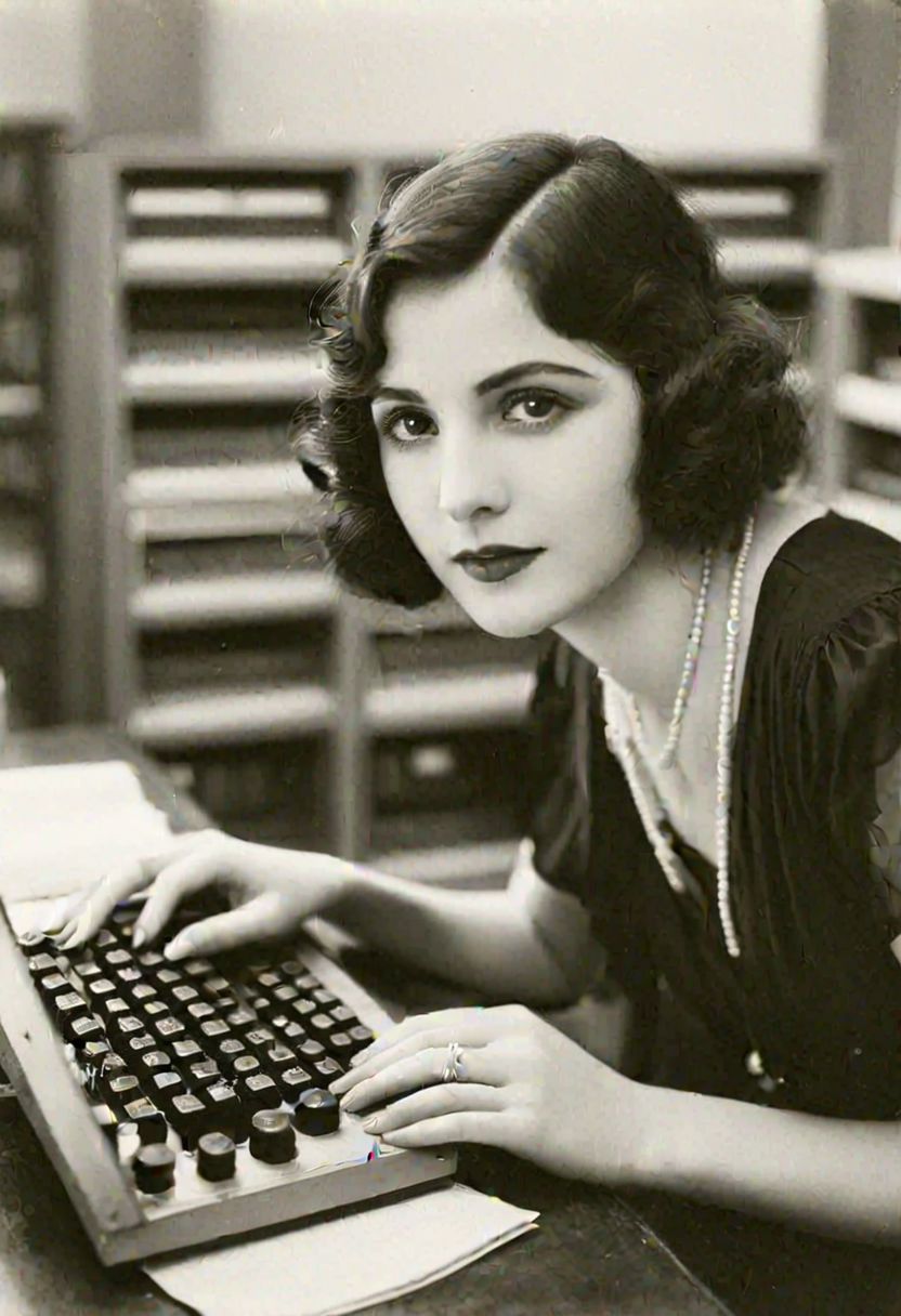 vintage photo, of 1920s female computer, inside university, making calculations to help win the war, perfect face, alluring eyes, beautiful hands, photographed on a Kodak 35, 50mm lens, f/3.5, black and white