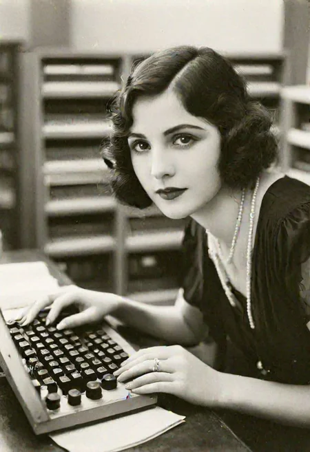 vintage photo, of 1920s female computer, inside university, making calculations to help win the war, perfect face, alluring eyes, beautiful hands, photographed on a Kodak 35, 50mm lens, f/3.5, black and white