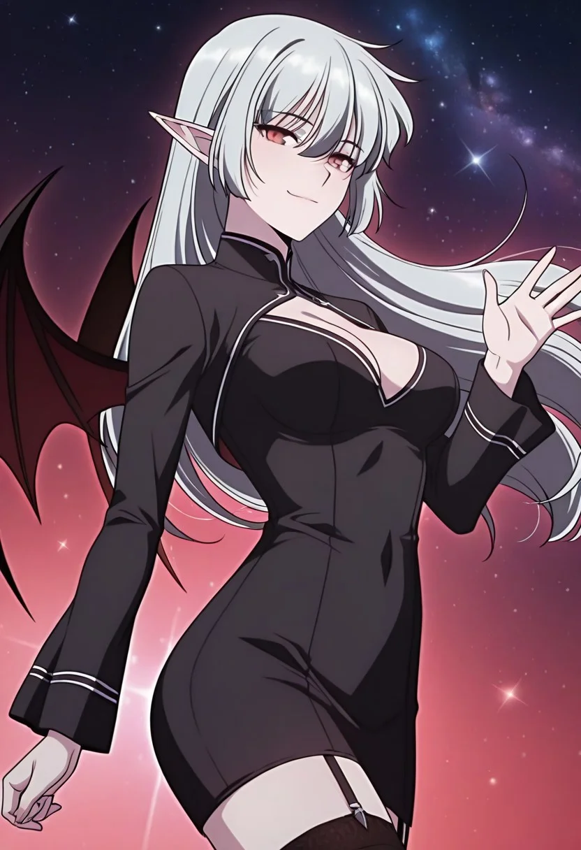 masterpiece,best quality,1girl,red eyes,devil_eyes,long hair,grey hair,hair between eyes,pointy ears,flowing hair,medium breast,cleavage,VampireDZ1,black dress,pencil dress,high collar,collared dress,cut-out dress,open back,white trim,black robe,long sleeves,flowing sleeves,flared cuffs,bat wings,demon wings,red lining,thigh-highs,garter straps,
anime screencap,anime coloring,<lora:AliceF7:1>,<lora:anime_screencap-IllustriousV2:0.7>,
anime screenshot,masterpiece,best quality,waving at viewer,galaxy background,light particles,light smile,cosmic background,portrait,no building,