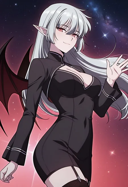 masterpiece,best quality,1girl,red eyes,devil_eyes,long hair,grey hair,hair between eyes,pointy ears,flowing hair,medium breast,cleavage,VampireDZ1,black dress,pencil dress,high collar,collared dress,cut-out dress,open back,white trim,black robe,long sleeves,flowing sleeves,flared cuffs,bat wings,demon wings,red lining,thigh-highs,garter straps,
anime screencap,anime coloring,<lora:AliceF7:1>,<lora:anime_screencap-IllustriousV2:0.7>,
anime screenshot,masterpiece,best quality,waving at viewer,galaxy background,light particles,light smile,cosmic background,portrait,no building,