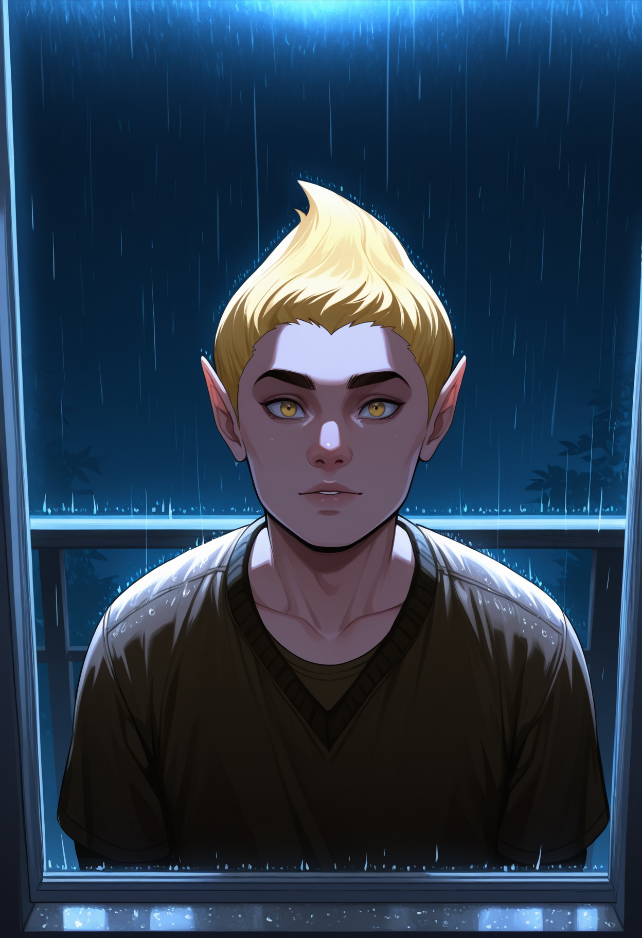 masterpiece, best quality, amazing quality, <lora:adoringFan_illustrious_byJaneB:1>,  byazura, , brown shirt, 1boy, stalker,
outside a window, rain, night, looking inside, facing the viewer,