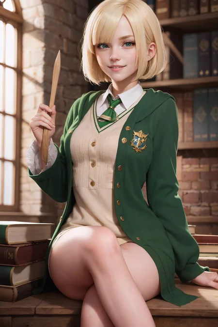 best quality, masterpiece, girl, hogwarts student, slytherin, blonde bob hair, smirk, smug, mischievous