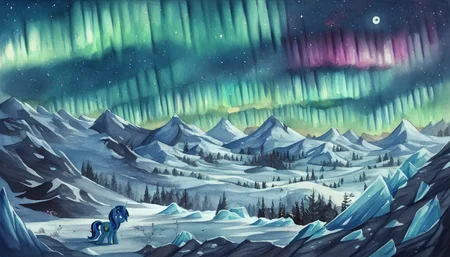 score_9, score_8_up, score_7_up, score_6_up, score_5_up, score_4_up, rating_safe, pony, solo, unicorn, aurora borealis, crossover, ice, mage, moon, oc, scenery, skyrim, stargazing, stars, the elder scrolls, tundra, oc only, oc:opuscule antiquity, watercolor painting, traditional art, detailed, beautiful, <lora:MLP_Watercolor_Painting_v1-000006:1>