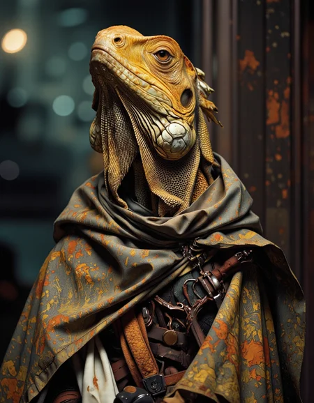 A digital illustration shoot from the side about a yellow Iguana, rust, epic, wearing cultist cloak, full body. shallow depth of field, vignette, highly detailed, high budget, bokeh.