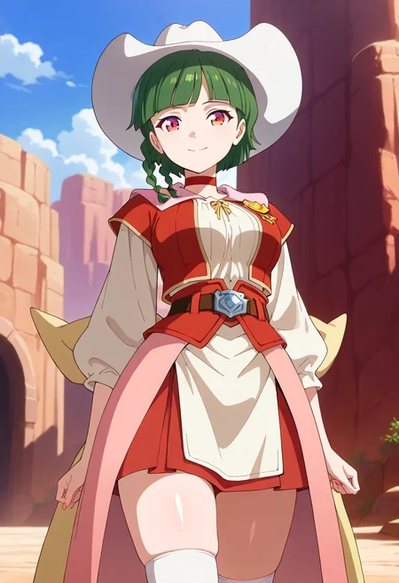 masterpiece, best quality, amazing quality, very aesthetic, absurdres, newest, illustration, perfect composition, intricate details, highres, uncensored, general, 1girl, solo, (cowboy shot:1.2), atlee ariel, red eyes, green hair, short hair, blunt bangs, braid, twin braids, side braid, medium breasts, white cowboy hat, red choker, red vest, apron dress, three-quarter sleeves, puffy sleeves, (skirt:1.2), belt, waist cloth, waist cape, yellow bow, large back bow, white socks, loafers, jewelry, looking at viewer, smile, outdoors, shiny body, shiny skin, skindentation, clear skin, shiny hair, ultra detailed eyes, depth of field, sharp, intricate details, hyperdetailed, ultra-detailed, detailed clothing folds, high contrast, dynamic light <lora:Atlee_Ariel_Back_Arrow_ill:0.8>