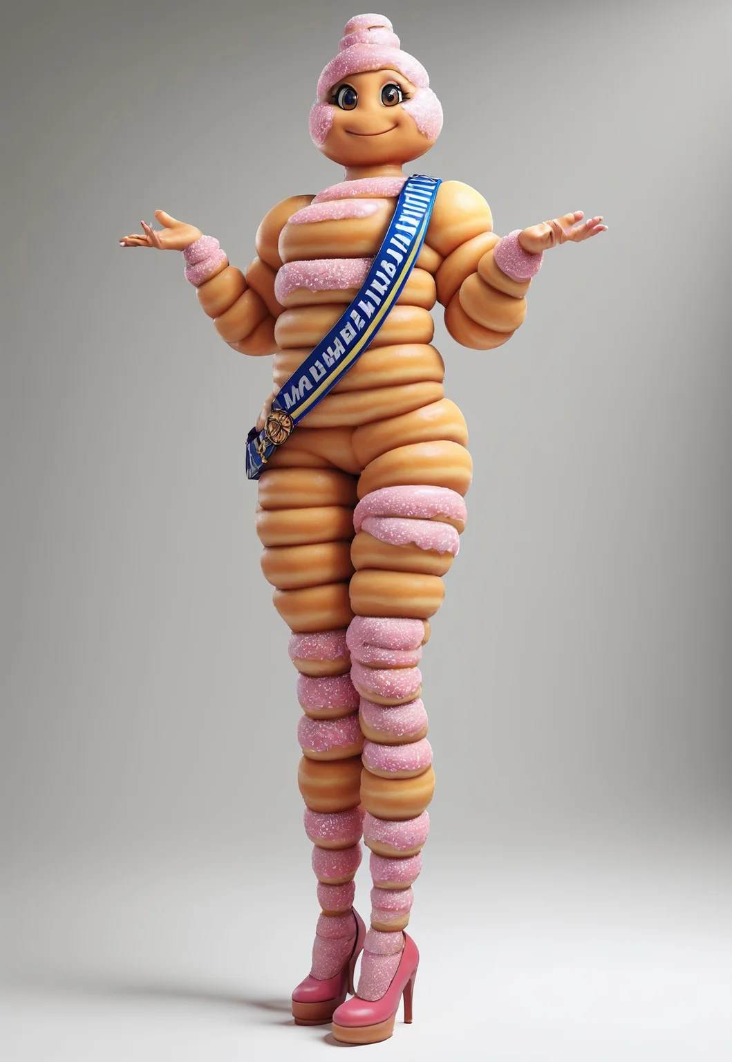 score_9, score_8_up, score_7_up, score_6_up, easynegative, ng_deepnegative_v1_75t, outside, hud_michelin (made of doughnuts, pink frosting, candy sprinkles), solo, smile, 1female, female focus, looking at viewer, high heels, sash, hourglass shape,