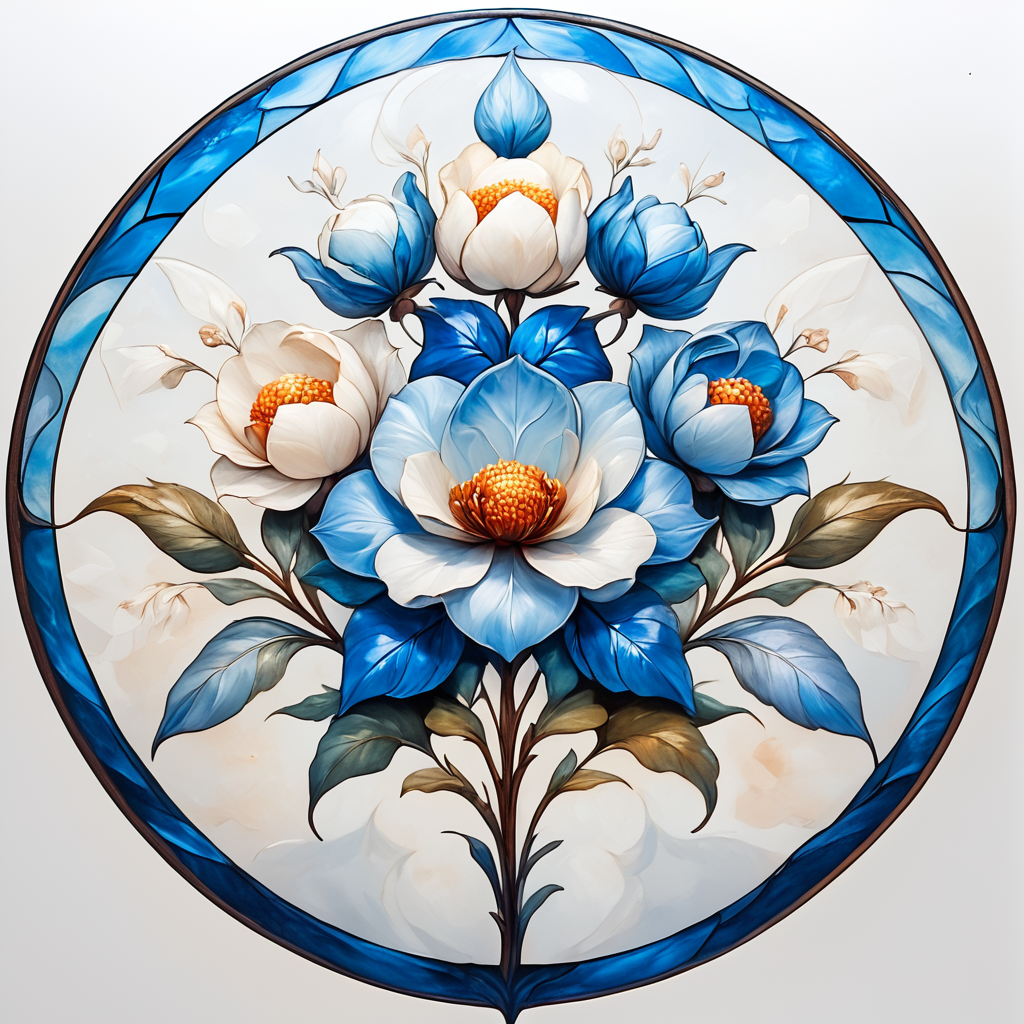 Score_9, score_8_up, score_7_up, score_6_up, BREAK  <lora:ArtNouveau2Pony:1> ArsMJStyle, art nouveau,, The image shows a round stained glass plate with a painting of blue and white flowers and leaves on a white background., no humans, flower, still life, blue flower, white background, simple background, leaf, white flower