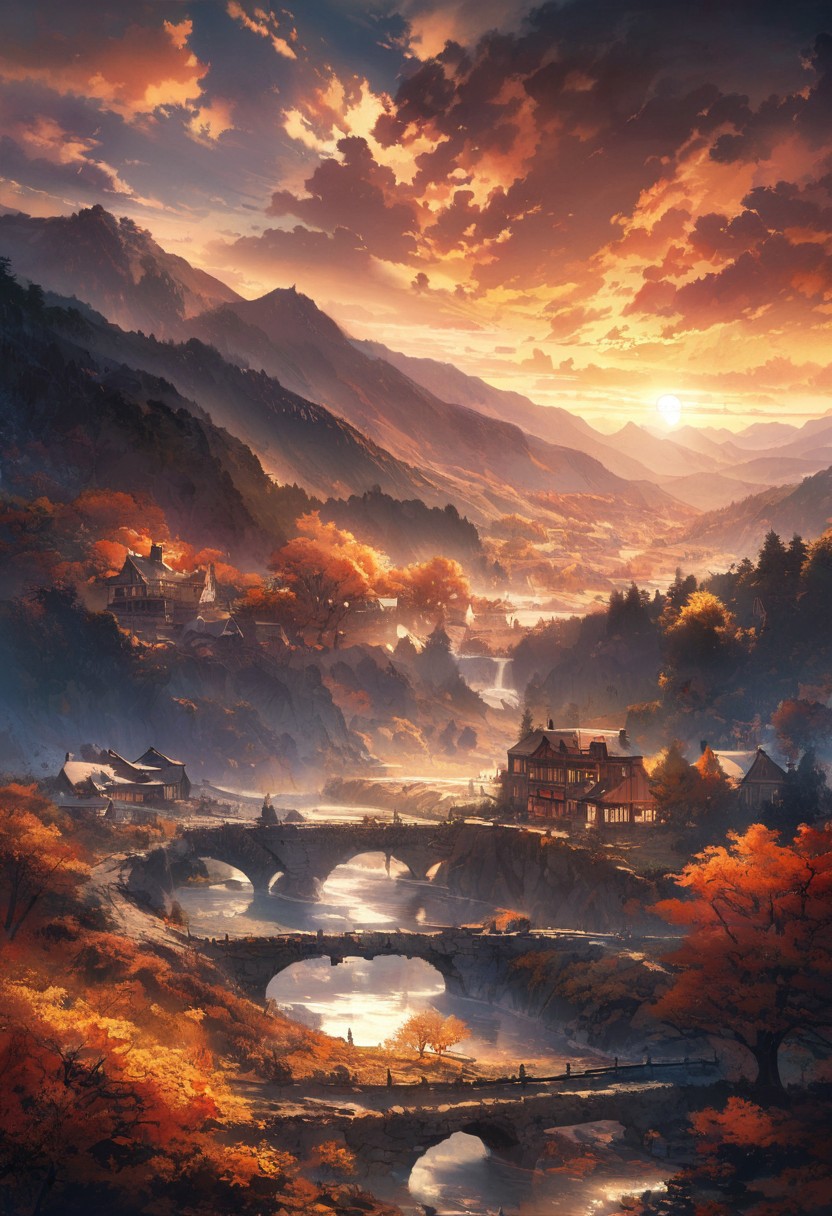 Breathtaking views, nostalgia, detailed landscape, captivating, a harmony of nostalgia and innovation, great lighting, Nature, autumn leaves, fall, forests, rural townscapes, gassho-style houses, Scenery that blends Meiji and modern times, sun, sunlight, beautiful rivers, double exposure, beautiful view, mysterious glow, beautiful clouds, depth of field, masterpiece, best quality, 8k, ultra-detailed, very aesthetic, illustration, superb composition, finest details, , intricate details, absurdres, high contrast, RAW, concept art,