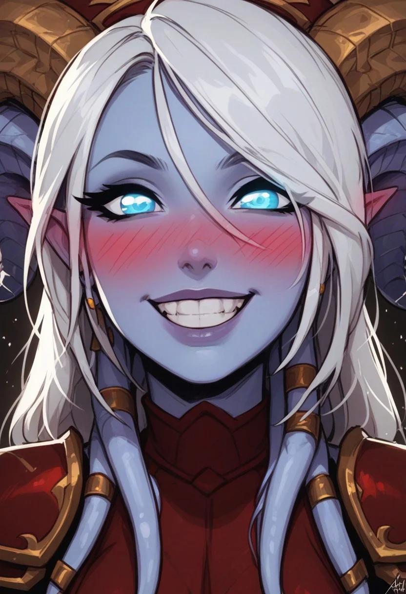 score_9, score_8_up, score_7_up, score_6_up, score_5_up, score_4_up, uncensored,
BREAK
Expressiveh, very aesthetic, Godrays,
yrel, 1girl, bokeh:1.2, sexy, white hair, glowing blue eyes, Draenei, large breasts, perfect eyelashes, blue skin girl, hat, plate armor, (perfect eyes:1.3, wide eyes, detailed eyes, amazing eyes, blue eyes, beautiful blue eyes), (intense dark red blush:1.5),
((girl facing viewer)), Happy, beaming smile, teeth, face_focus, close up,
