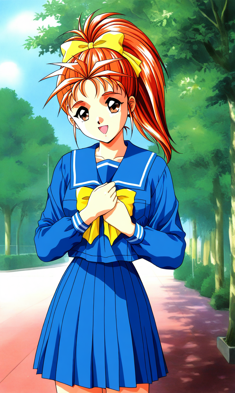 general,highres, ultra-detailed,very aesthetic,best quality ,best hands, BREAK <lora:Saotome_Yumi_Tokimeki_Memorial_IS:1>
Saotome_Yumi(Tokimeki_Memorial), 1girl, solo, brown eyes, orange hair, hair bow, high ponytail,  long hair, small breasts,
open mouth, happy,
school uniform, blue serafuku, blue skirt, Yellow bow, hand on own chest, sailor collar, blue sailor collar, smile, long sleeves, pleated skirt, outdoor, tree, sky,