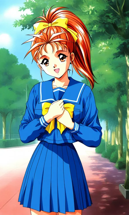general,highres, ultra-detailed,very aesthetic,best quality ,best hands, BREAK <lora:Saotome_Yumi_Tokimeki_Memorial_IS:1>
Saotome_Yumi(Tokimeki_Memorial), 1girl, solo, brown eyes, orange hair, hair bow, high ponytail, long hair, small breasts,
open mouth, happy,
school uniform, blue serafuku, blue skirt, Yellow bow, hand on own chest, sailor collar, blue sailor collar, smile, long sleeves, pleated skirt, outdoor, tree, sky,