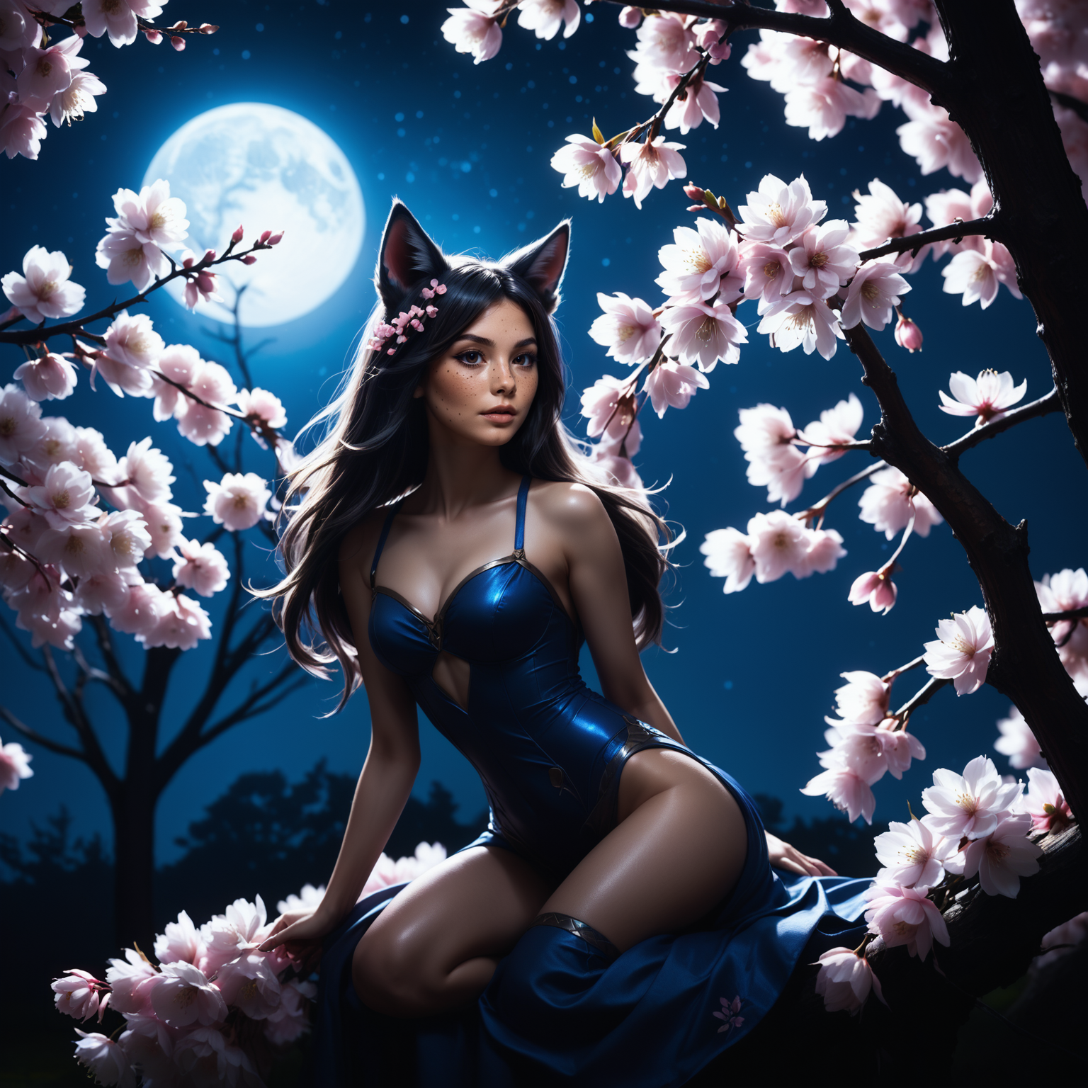 1 woman, sideview, bluefoxeij <lora:bluefoxeijSDXL-000009:0.5>, multiple foxtails, posing, cherry blossom petals, flowers, night sky, cherry blossoms, dark, moonlight, dimmed light, from above, dynamic dramatic beautiful full taking, handsome, glossy, dynamic, vibrant, advanced cinematic perfect light, highly detailed, contemporary, woman with foxtails, moody lighting, light and shadow by reij-shdwgms <lora:reij-shadowgames-000006:0.9>