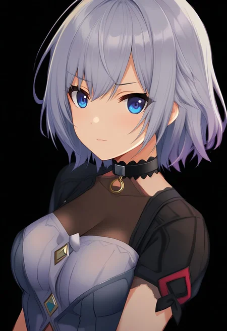 high quality, solo, 1girl, blonde, gray hair, short hair, choker, medium breast, blue eyes,