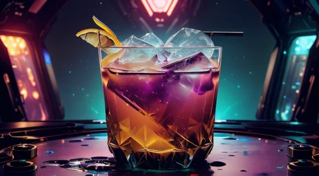 scifi <lora:FragRealityTech:0.6> A chill Corpse Reviver cocktail, a vain hope to revive the dying world, fragrealitytech <lora:AdvancedEnhancer:1> wide shot, (Dark Wave Art:0.9), (bright hues:0.6)