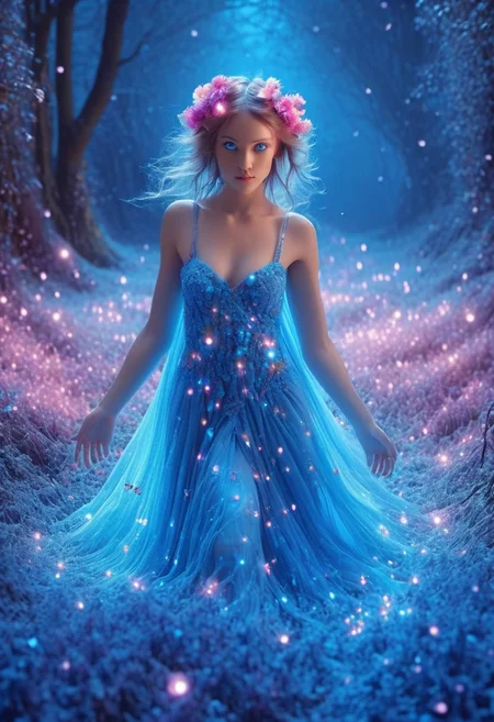 (8k analog photo,magical landscape:1.2),
An enchanting faerie in a blooming meadow, Looking at viewer, Blue eyes, surrounded by butterflies and colorful flowers. Her dress is made of petals and her hair glows with magical lights, creating a whimsical and vibrant scene.
<lora:Bio-Luminescence:1> bioluminescent
