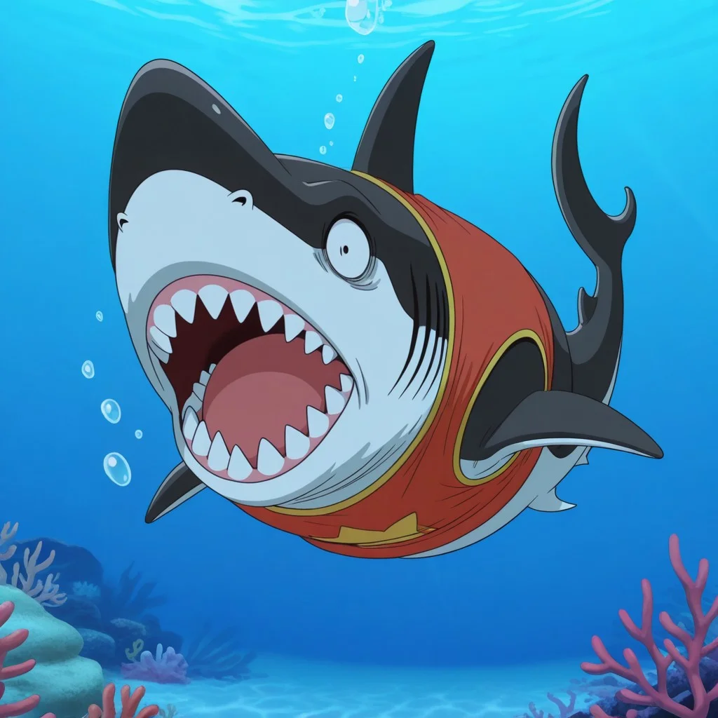 masterpiece, best quality, amazing quality, official style, m3g4lo, male, furry, solo, shark, black skin, white underbelly, two-tone skin, black eyes, nostrils, sharp teeth, fins, gills, tailfin, red tank top, wide-eyed, shocked, open mouth, full body, underwater, outdoors, ocean