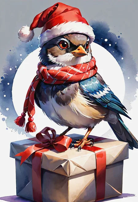 Very Beautiful, shadow art, Christmas watercolor clipart, bird wearing red hat and scarf, sitting on a wrapped gift, Christmas, Watercolor, artstation trends, sharp focus, studio photo, intricate detailing , high detail, depth of field in the style of artists such as artgerm, WLOP at Studio Ghibli Genshin.