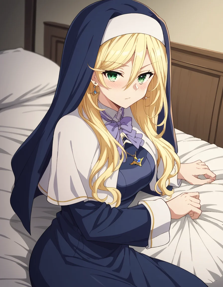 score_9, score_8_up, score_7_up, source_anime, <lora:sharon-holygrail-s1-ponyxl-lora-nochekaiser:1>, sharon holygrail, long hair, blonde hair, hair between eyes, green eyes,, bow, jewelry, earrings, bowtie, necklace, purple bow, nun, habit, purple bowtie, capelet, white capelet,, indoors, bed, bed room, on side, blush, drunk, looking at viewer, solo,, cowboy shot, dutch angle