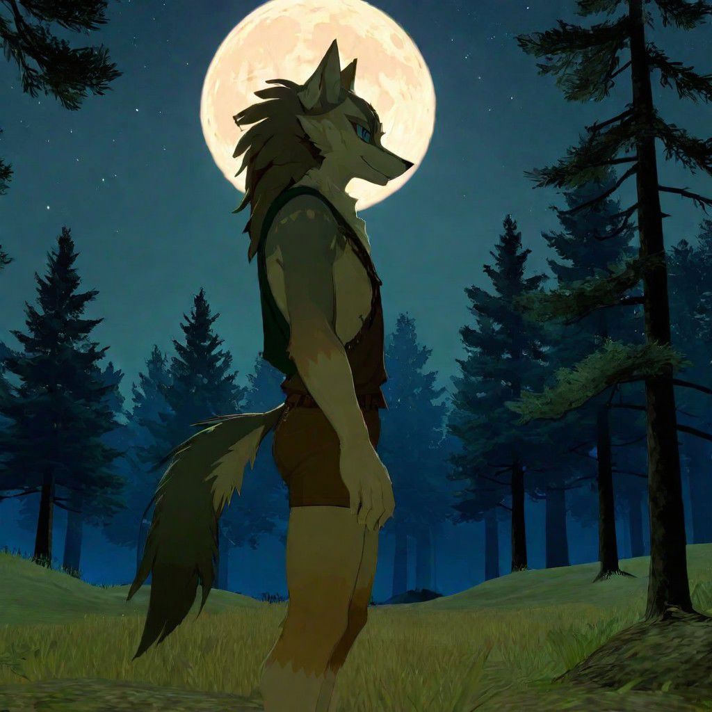 link (slender wolf form) , kissing, link (mainly wolf form),  dashing smile, handsome face, manly body, thick thighs, long tail, forest scene, nighttime , calm moon lighting, passionate expressions, hand on face, romantic, gay male focus