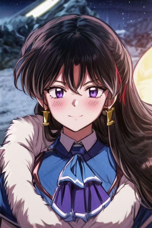 masterpiece,  best quality 1girl Setsun4 solo long hair,  (night time) forest background black hair very long hair purple eyes multicolored hair armor (fur trim) (medium body),<lora:EMS-179-EMS:0.800000>,<lora:EMS-293862-EMS:0.800000> bow, hair_bow, hair_tubes, red_bow, brown_hair, long_hair, bangs, ascot, frilled_bow, yellow_ascot, blush, smile, hair_between_eyes, athletic, armor