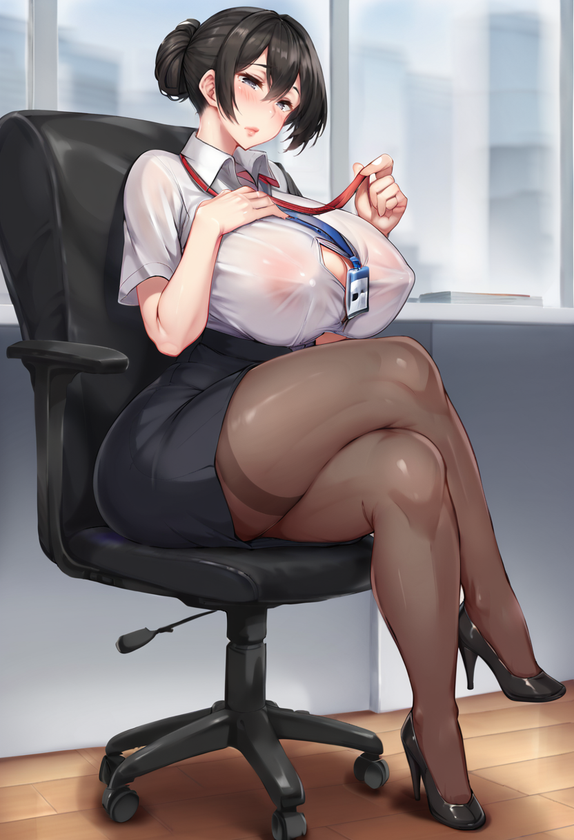 score_9, score_7_up,  1girl, 
solo, huge breasts, wide hips, thick thighs, office lady, office dress, swivel chair, breasts, office chair, formal, blush, mature female, white shirt, hair between eyes, crossed legs, hand on own leg, grey eyes, alternate breast size, high heels, lanyard, pantyhose, sidelocks, business suit, thighs, black footwear, dress shirt, on chair, chair, sitting, suit, brown pantyhose, long hair, shirt, black hair, hair bun, dress shoes
 <lora:kawahagitei-Style-PonyXL-GLoRA+Final-000045:1>