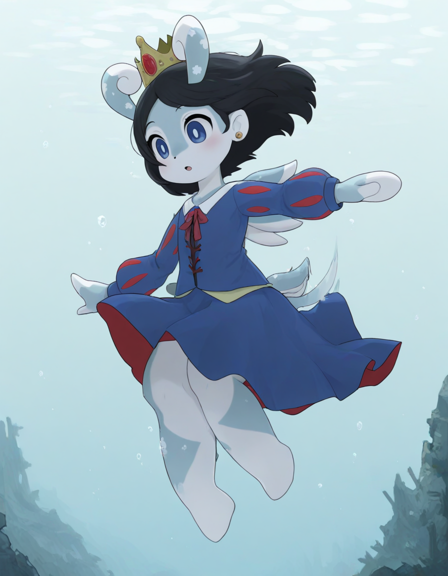 <lora:Utility_-_Stabilizer_v1.23_ILXL:1>, <lora:Nichijou_style:0.25>, nichijou_illu, <lora:Azumanga_style:0.25>, azumanga_illu, <lora:NKNK_NGRMS:0.25>, nknk_ngrms_illu, <lora:Artist_Style_-_Mori_No_Ji_ILXL:0.25>, mori no ji, (masterpiece, best quality, ultra-detailed, absurdres, newest, detailed textures, correct anatomy:1), <lora:All_Disney_Princess_-_Illustrious:0.5>, Snow White \(disney\), medium hair, black hair, pale skin, blue eyes, crown, jewelry, earrings , <lora:MelusineIllustrious-V2:1>, melusine, curly ears, straight ears, thin tail, stubby tail, wings, colored skin, official costume, barefoot, casual clothes, ornate simple background, floating hair, shortstack, floating clothes, underwater ruins, deep underwater