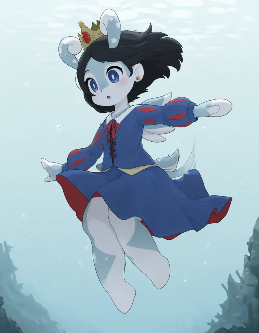 <lora:Utility_-_Stabilizer_v1.23_ILXL:1>, <lora:Nichijou_style:0.25>, nichijou_illu, <lora:Azumanga_style:0.25>, azumanga_illu, <lora:NKNK_NGRMS:0.25>, nknk_ngrms_illu, <lora:Artist_Style_-_Mori_No_Ji_ILXL:0.25>, mori no ji, (masterpiece, best quality, ultra-detailed, absurdres, newest, detailed textures, correct anatomy:1), <lora:All_Disney_Princess_-_Illustrious:0.5>, Snow White \(disney\), medium hair, black hair, pale skin, blue eyes, crown, jewelry, earrings , <lora:MelusineIllustrious-V2:1>, melusine, curly ears, straight ears, thin tail, stubby tail, wings, colored skin, official costume, barefoot, casual clothes, ornate simple background, floating hair, shortstack, floating clothes, underwater ruins, deep underwater