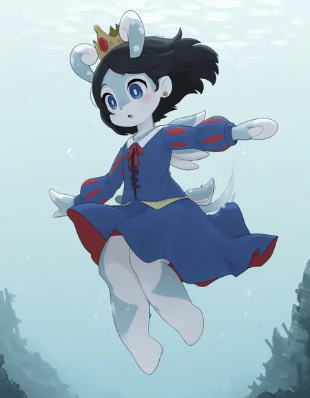 <lora:Utility_-_Stabilizer_v1.23_ILXL:1>, <lora:Nichijou_style:0.25>, nichijou_illu, <lora:Azumanga_style:0.25>, azumanga_illu, <lora:NKNK_NGRMS:0.25>, nknk_ngrms_illu, <lora:Artist_Style_-_Mori_No_Ji_ILXL:0.25>, mori no ji, (masterpiece, best quality, ultra-detailed, absurdres, newest, detailed textures, correct anatomy:1), <lora:All_Disney_Princess_-_Illustrious:0.5>, Snow White \(disney\), medium hair, black hair, pale skin, blue eyes, crown, jewelry, earrings , <lora:MelusineIllustrious-V2:1>, melusine, curly ears, straight ears, thin tail, stubby tail, wings, colored skin, official costume, barefoot, casual clothes, ornate simple background, floating hair, shortstack, floating clothes, underwater ruins, deep underwater