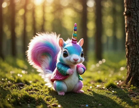In the enchanted realm of Verdant Valley, where whimsy reigns supreme, roams the mythical unicorn squirrel! Picture this: a tiny woodland critter with a coat that sparkles like a rainbow dipped in glitter. Its fur is a magical medley of shimmering silver and pastel hues, catching the light in a dazzling display as it flits through the trees.
What sets this critter apart is its hornâoh, what a horn! Spiraled like a candy cane and glowing with a soft, fairy-tale glow that lights up the forest at dusk. Big, bright eyes twinkle like stars, filled with the wisdom of ages (and maybe a touch of mischief too!). The unicorn squirrel prances on dainty hooves that shimmer with every step, leaving tiny, twinkling footprints in its wake.
Legends say this pint-sized marvel isn't just cuteâit's a guardian spirit of the forest, blending magic with a mischievous streak. It frolics through sunlit glades and leaps between branches, spreading joy and a sprinkle of luck to those lucky enough to cross its path. Catching a glimpse of this fantastical creature is like stumbling upon a piece of living art, where every whisker and hoof seems touched by the hand of a playful forest wizard.