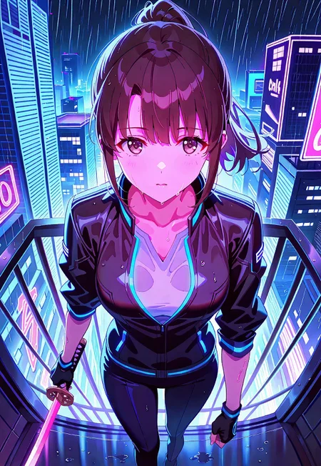 safe_pos, 1girl,Megumi <lora:IL-KatoMegumi:0.8>,brown hair,katou megumi,brown eyes,medium breasts,ponytail, short hair,
cyberpunk city rooftop at night, wearing a black leather jacket with neon blue trim, fingerless gloves, and high-tech goggles pushed up on her head, holding a glowing katana with cybernetic designs, rain softly falling, neon lights reflecting on the wet rooftop, distant skyscrapers with glowing signs in the background, determined and confident expression, dynamic low-angle perspective, vibrant pink and blue lighting, futuristic and gritty atmosphere,
masterpiece,best quality,high quality,good quality,newest,((detailed eyes))