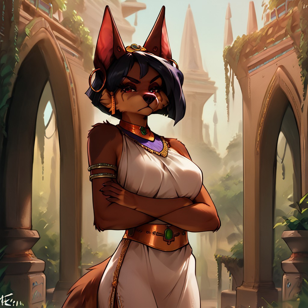 score_9_up, score_8_up, score_7_up, kesis, canine, female, white dress, solo, 1 girl, standing, looking at viewer, crossed arms, scowl, furry, detailed background, egyptian palace, outdoors, waist up shot, three quarter portrait