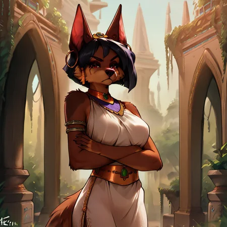 score_9_up, score_8_up, score_7_up, kesis, canine, female, white dress, solo, 1 girl, standing, looking at viewer, crossed arms, scowl, furry, detailed background, egyptian palace, outdoors, waist up shot, three quarter portrait