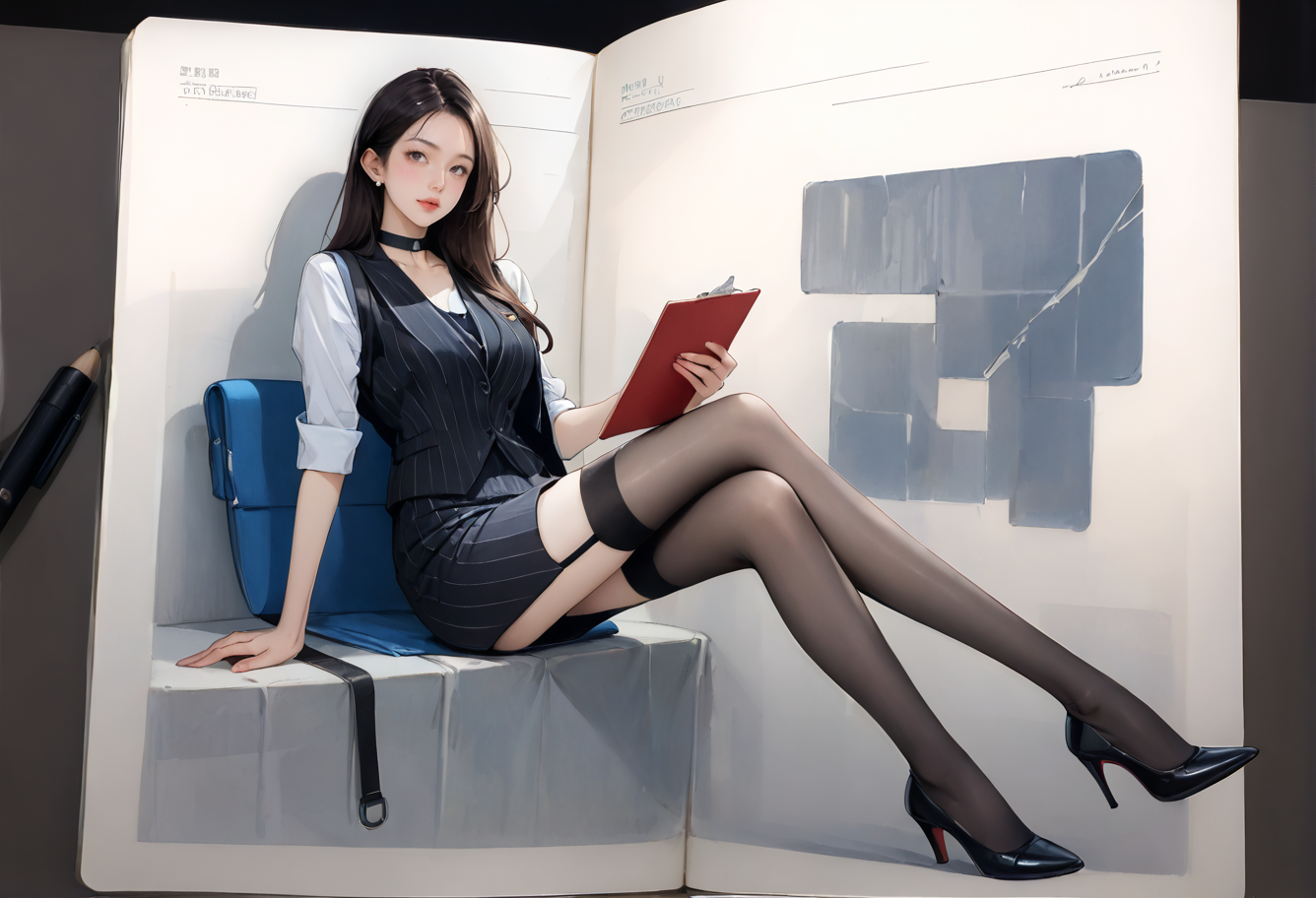 ,ruanyi1353,traditional media,paper,art tools in frame,notebook,full body,,ruanyi1302,vest,black thighhighs,choker,office lady,striped clothes,pencil skirt,garter straps,high heels,<lora:1353 hand drawn style_v1_pony:1>,<lora:1302 office lady_v1_pony:1>, score_9,score_8_up,score_7_up,,8k,1girl,solo,,