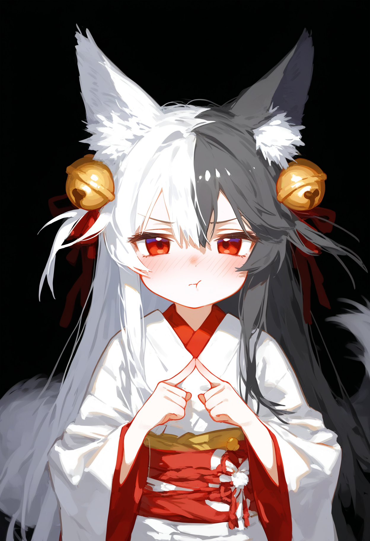 E_0x0194_type4,
1girl, solo, long hair, looking at viewer, blush, simple background, black hair, long sleeves, hair ornament, red eyes, animal ears, hair between eyes, closed mouth, tail, upper body, white hair, multicolored hair, japanese clothes, wide sleeves, kimono, two-tone hair, animal ear fluff, fox ears, sash, bell, fox tail, obi, fox girl, black background, jingle bell, white kimono, :t, pout, hair bell, index fingers together
, masterpiece, best quality, good quality,
<lora:ai_styles_collection_noob_vpred-1.0-v6-edm2-pass:1>