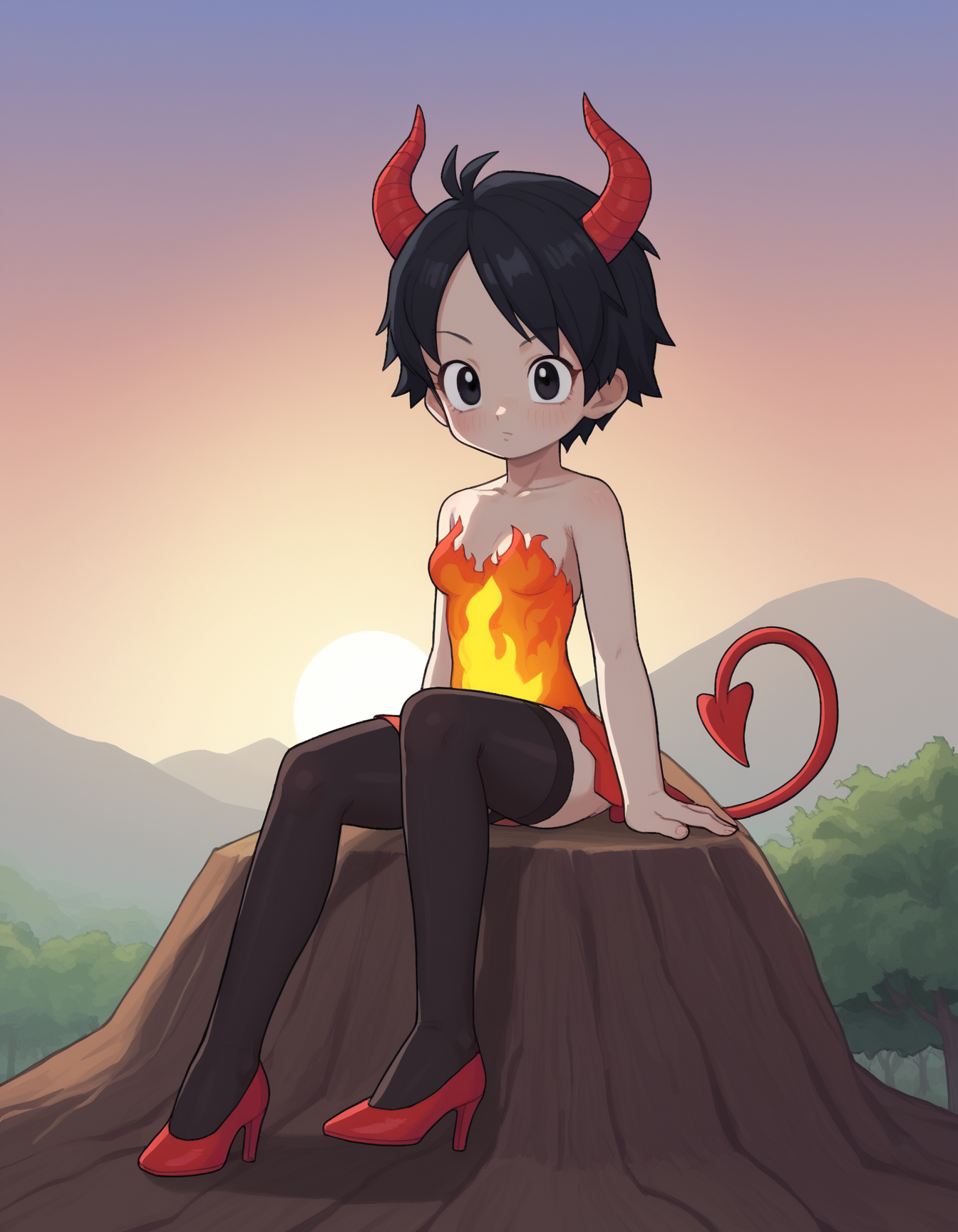 zPDXL, score_9, score_8_up, score_7_up, source_anime,
1girl, solo, demon, (Onyx horns pulsing with ominous energy), wearing Fiery red costume with devil tail, black stockings, stiletto heels,  <lora:PossumMachine_v2:0.8> possmach, <lora:Parsleah_v1-08:0.8>  parsleahbase, black hair, short hair, black eyes, (monkey tail), small breasts, brown tail,, upper body, portrait, looking at viewer, sunrise, sky, cloud, sitting on a fallen tree trunk, sketching the scenic landscape,