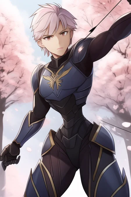 archer, armored, <lora:microwaist:1.5>, aiming an arrow, fluttery cherry blossoms all around, dynamic pose