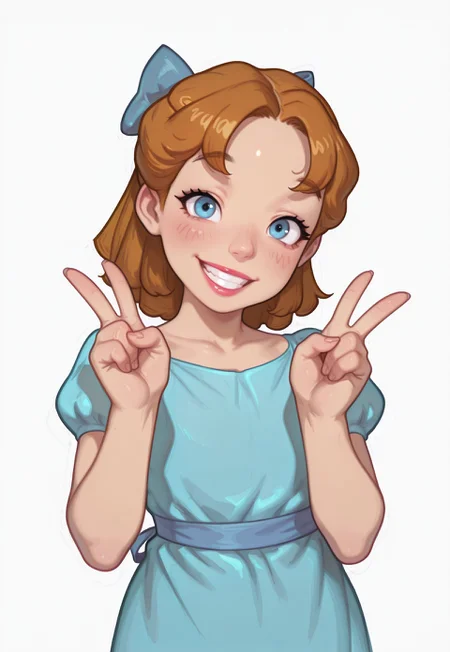 masterpiece, best quality, amazing quality, geh1, 4s0r4,, eigaka, possmach, artist:moriimee,1 girl, solo girl, young, WendyXL, brown hair, blue eyes, lipstick, puffy sleeves, blue dress, short sleeves, hair bow, smile, v, double v, grin, blush, portrait, looking at viewer, simple background, white background