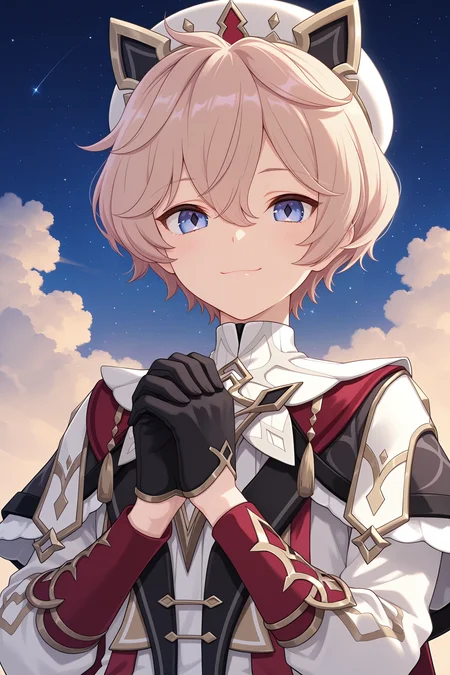 masterpiece, best quality, 1boy, androgynous, armor, closed mouth, cloud, cosplay, dahlia, gloves, hair between eyes, hat, long sleeves, looking at viewer, male focus, own hands together, short hair, smile, solo, star \(sky\), upper body, white headwear, white shirt <lora:dahlia:1>