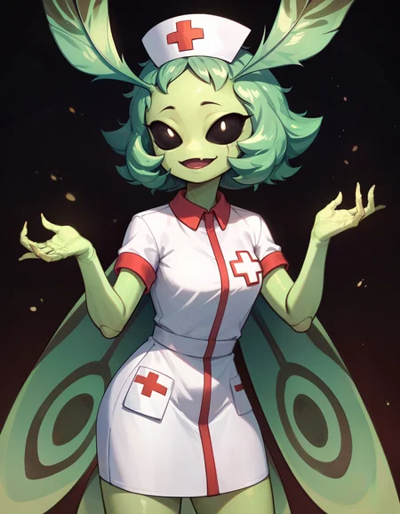 embedding:PDXL\zPDXL,(Masterpiece:1.4),(best quality:1.2),score_9,score_8_up,score_7_up,score_6_up,solo,dark background,ni4nchiki,moth girl,smiling,open mouth,antennae,small breasts,colored sclera,black sclera,hollow eyes,raised eyebrows,(folded wings:1.3),(green skin:1),white nurse hat,nurse outfit,(green claws:0.5),standingfull body <lora:MyTrainings\Temp\SS13\Nianchiki_XL_Pony.safetensors:0.8>