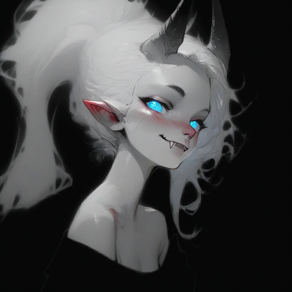 (Blend_in, black background), score_9, score_8_up, score_7_up, masterpiece, best quality, absurdres, vibrant, highly detailed, sketch, monochrome, greyscale, spot color, upper body, full front, Lynn Pink, blue eyes, blush, ponytail, tail, horns, pointy ears, fangs, (((adult))), small breasts, simple black shirt, long sleeves, off shoulder, no bra, looking at viewer, seductive smile