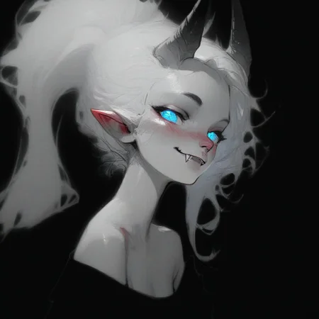 (Blend_in, black background), score_9, score_8_up, score_7_up, masterpiece, best quality, absurdres, vibrant, highly detailed, sketch, monochrome, greyscale, spot color, upper body, full front, Lynn Pink, blue eyes, blush, ponytail, tail, horns, pointy ears, fangs, (((adult))), small breasts, simple black shirt, long sleeves, off shoulder, no bra, looking at viewer, seductive smile