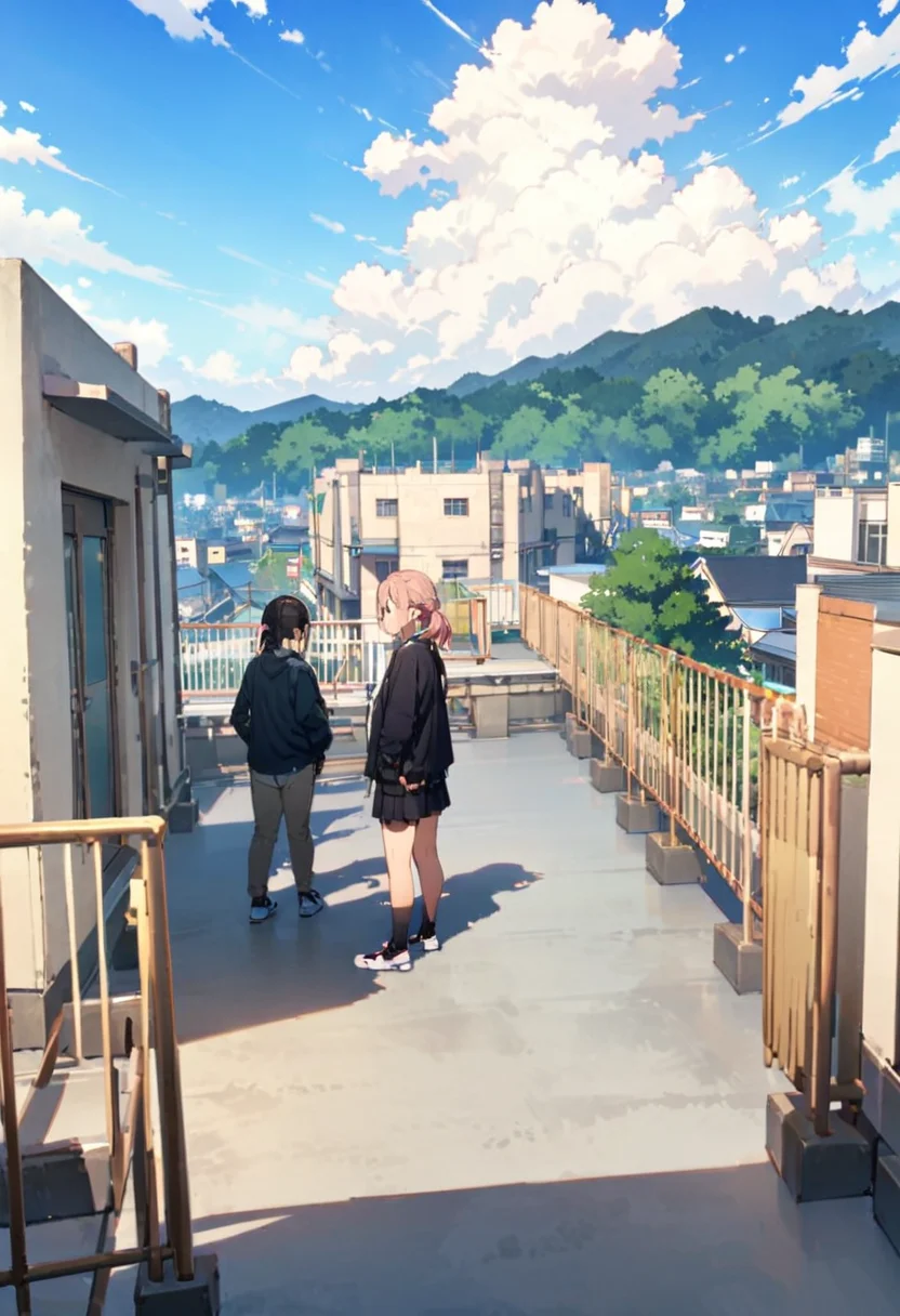 masterpiece, best quality, very aesthetic, absurdres,
okujyou, scenery, sky, outdoors, cloud, day, blue sky, building, railing
 <lora:gakkou_okujyou_SDXL_V1:1>