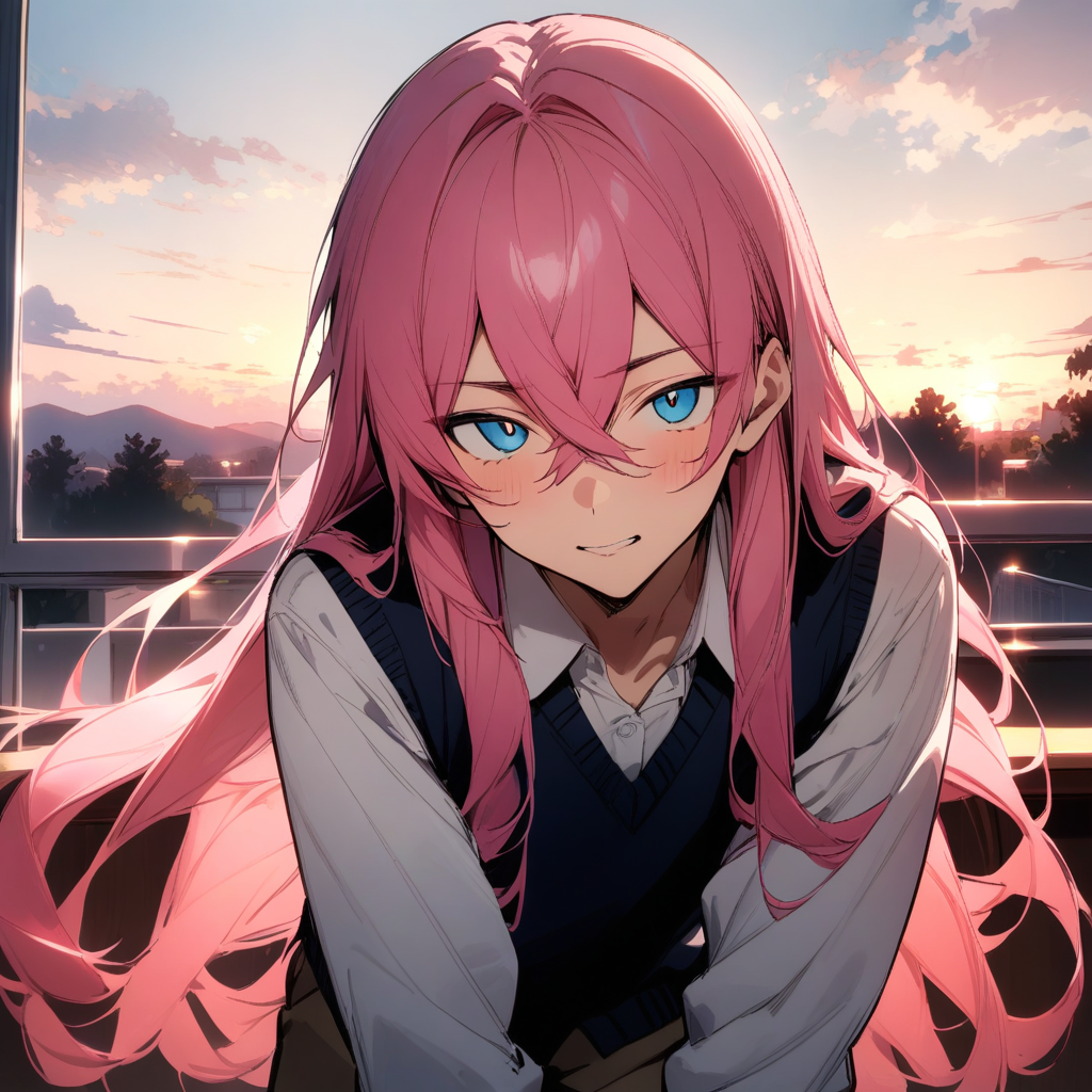 masterpiece,best quality,very aesthetic,absurdres,<lora:zeph3:1>,1boy,solo,zeph,crossed bangs,long hair,pink hair,evening,school, school uniform,bent over,looking at viewer,:|,