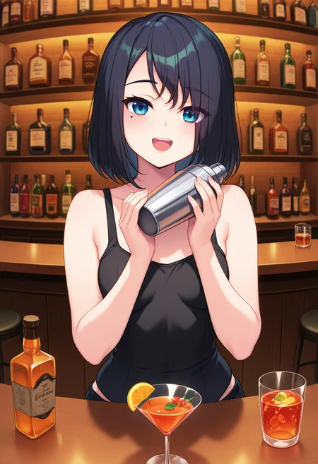 masterpiece, best quality, amazing quality, absurdres, 1girl, solo, sakuraww, blue eyes, tsurime, black hair, medium hair, asymmetrical bangs, hair over eyes, mole under eye, small breasts, black tank top, short shorts, <lora:Yukimoto_Sakura_Shinsou_Noise_ill:0.8>, cocktail glass, cocktail shaker, hands up, holding, smile, teeth, upper teeth only, open mouth, :d, looking at viewer, upper body, pov counter view, indoors, bar \(place\), bartender, bottle, cup, drinking glass, shelf, counter, skindentation, detailed clothing folds, depth of field, sharp, high contrast, dynamic light
