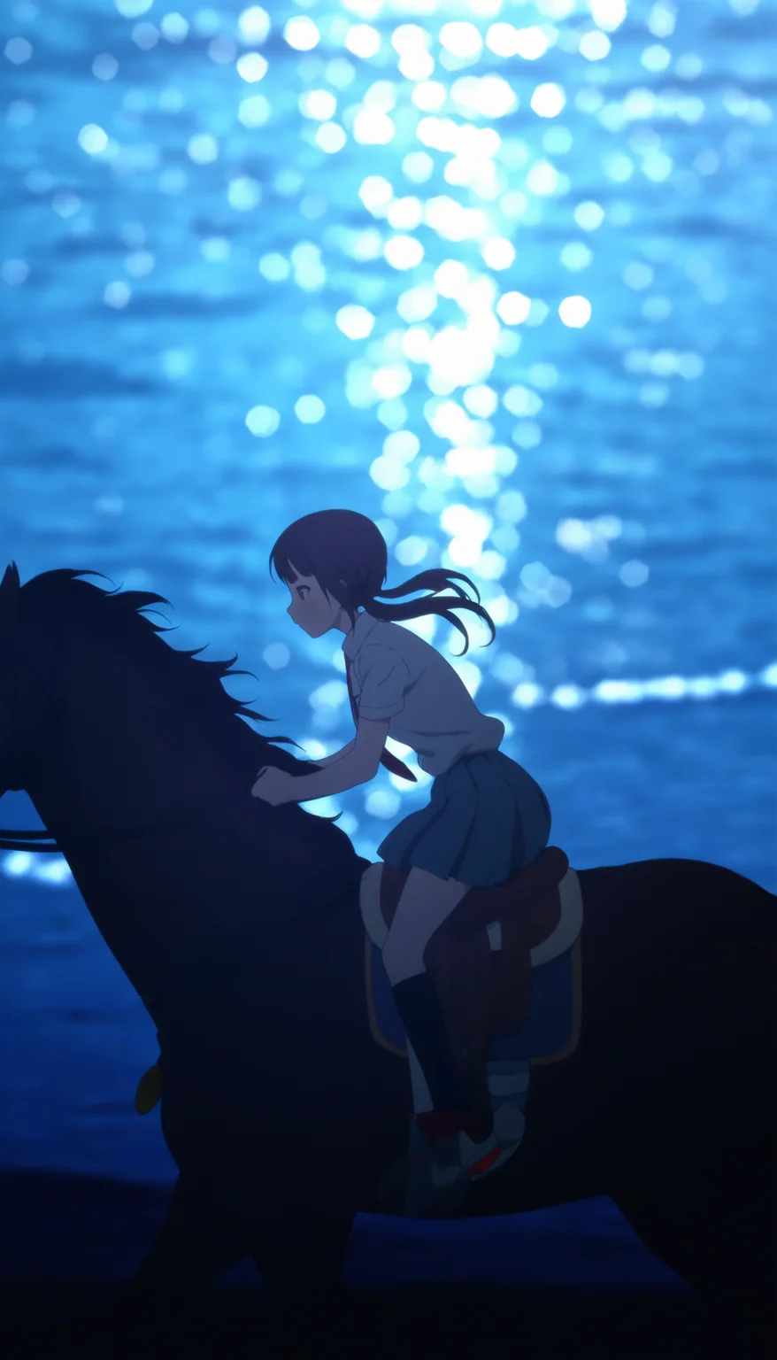 masterpiece,best quality,amazing quality,
<lora:sawaOkitaNAI:1>,sawa okita,
1girl,solo,brown hair,bangs,twintails,brown eyes,white shirt,red necktie,blue pleated skirt,black kneehighs,holding reins,riding,horse,from side,leaning forward,outdoors,early morning,sea,bokeh,dreamy,backlighting,depth of field,