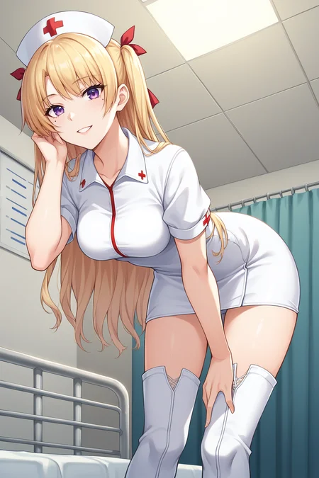 score_9, score_8_up, score_7_up, source_anime, 1girl, prefect lighting, very aesthetic, intricate details, highly detailed background, masterpiece, high quality, prefect hands, best quality, solo,
<lora:Majikoi_Chris_V2:.85>, KJOchris, blonde hair, purple eyes, hair bow, long hair, mole under eye, two side up,
nurse cap, nurse, leather thigh boots,
from below, adjusting hair, leaning forward, smile, looking at viewer,
hospital, hospital bed,
(Beautiful, medium Breasts:1.2), natural breasts,