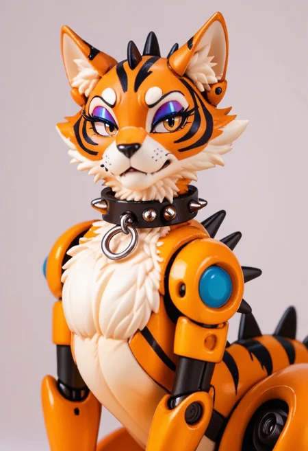 score_9, score_8_up, score_7_up, score_6_up, score_5_up, source_furry, (eyeshadow:1.6), feminine eyelashes, 1girl, female, thin waist, (spiked collar:1.4), tama, female, bobcat, cat, robot, 1girl, brown, strips, feral