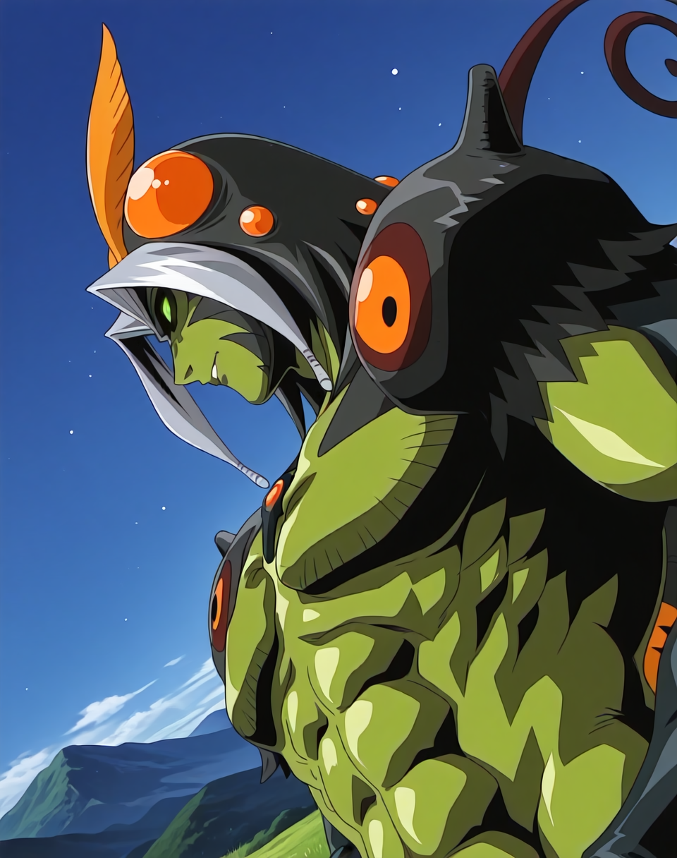 <lora:Ryokuga_(La_Blue_Girl_Returns)_(Illustrious)_(AD):1.35> Ryokuga, muscular, insect man, 
dutch angle, exterior, mountains, grass, 
male focus, gradient coloring, solo, close up, profile shot, green body, green face, villain, hyper muscular, large shoulders, large biceps, glowing eyes, abs, 
BREAK very awe, aesthetically pleasing, masterpiece, best quality, amazing quality, very aesthetic, perfect depth of field shot, in'ei, 
Smooth Quality, lazympos, IllustQualXL_Pos,